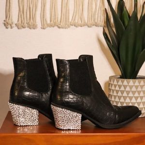 Hand Rhinestoned Black Boots